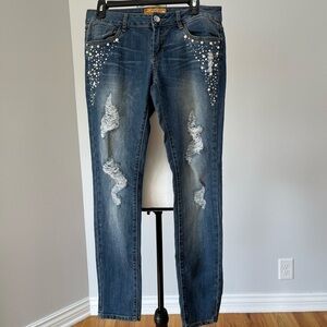 JouJou premium Denim pearl and rhinestone bling jeans size 7 rocker distressed